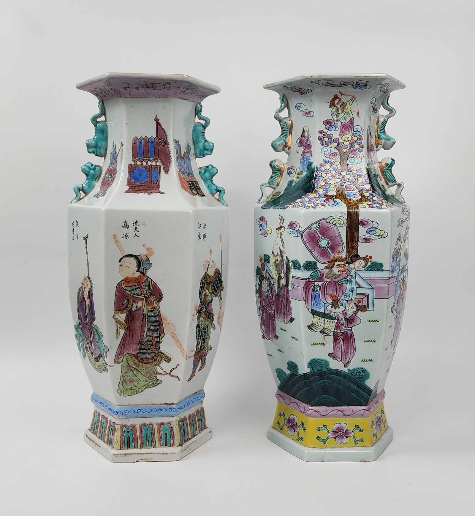 Lot of 2 Chinese Export Famille Rose Porcelain Hexagonal Vases (1 of 6)