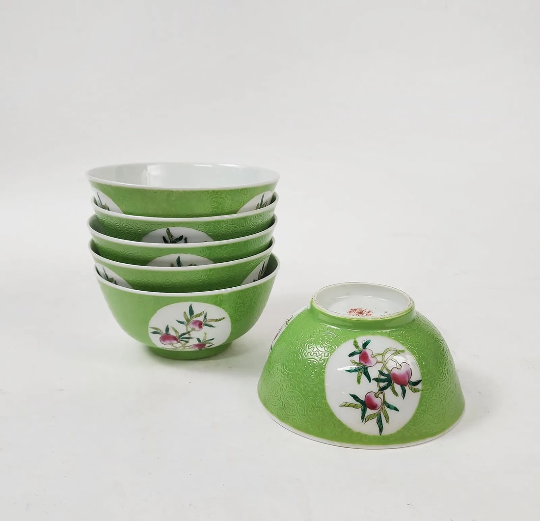 Set of 6 Chinese Jingdezhen D Factory Green Ground Porcelain Bowls (1 of 4)