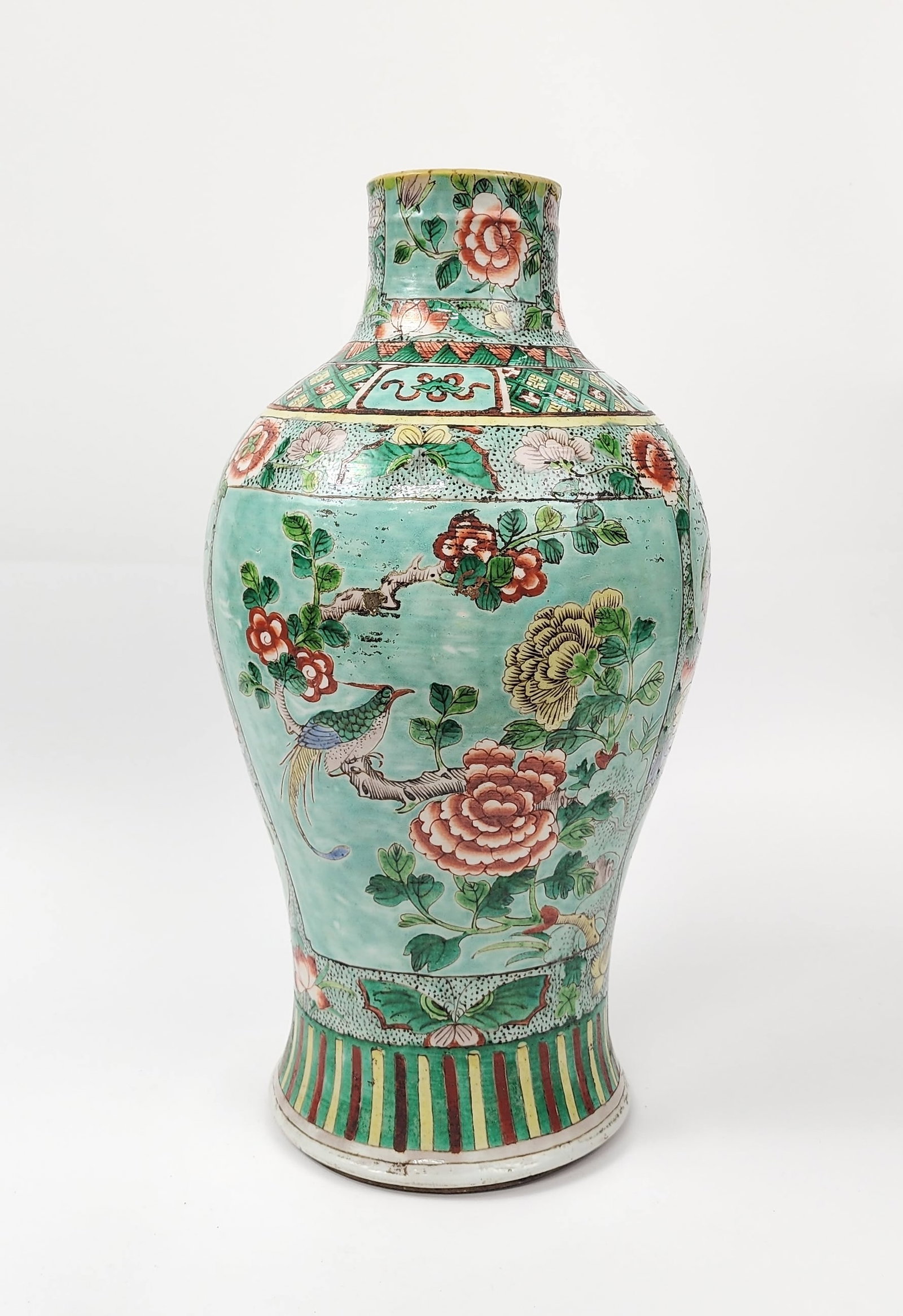 Antique Chinese Famille Rose Turquoise Ground Porcelain Vase: Antique Chinese Famille Rose Turquoise Ground Porcelain Vase, h. 15.5 inches, ca. late 19th- early 20th century. Provenance: Estate of a New York collector/ dealer. The collection assembled between ea