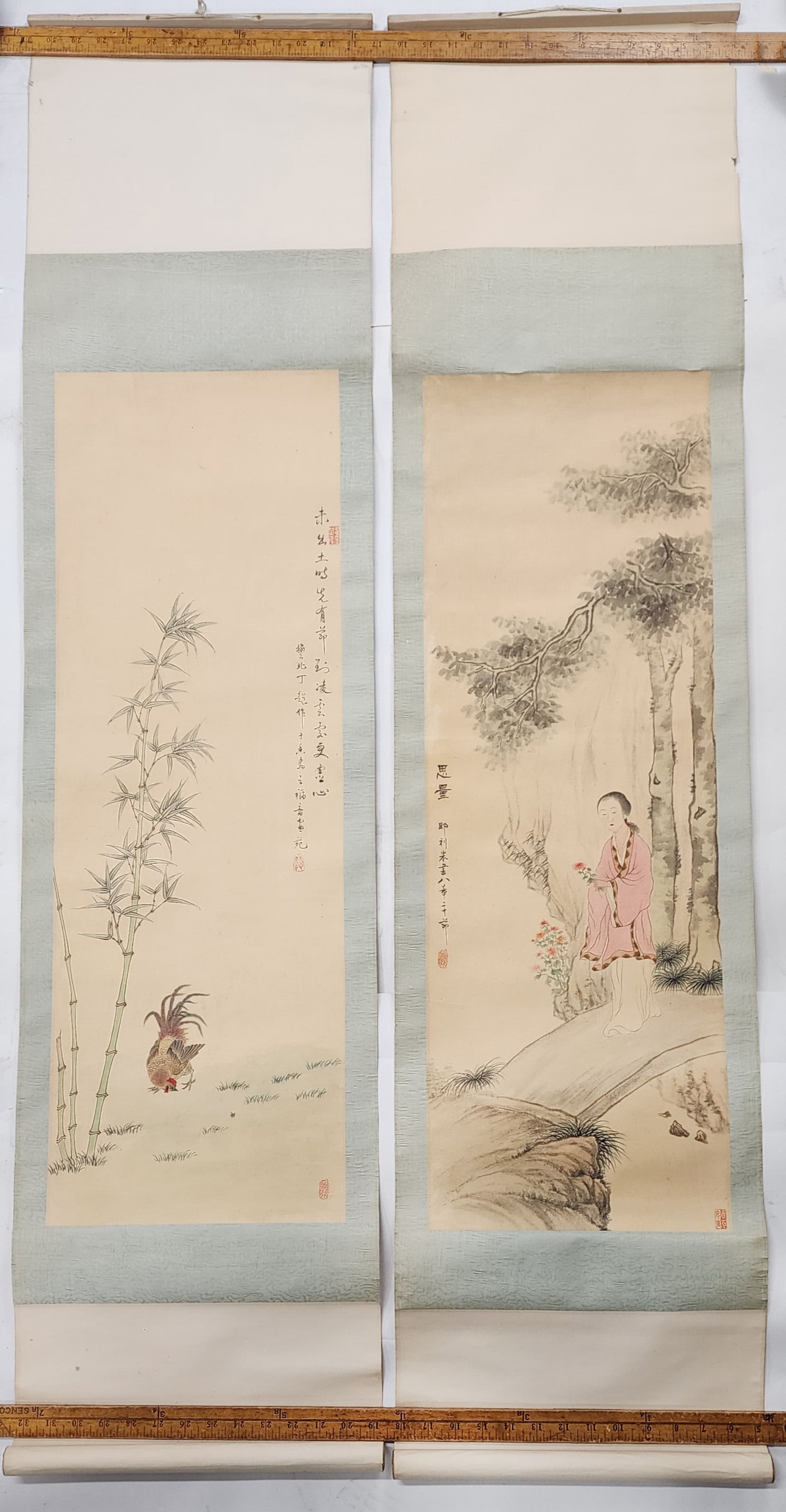 Lot lof 2 Chinese Scroll Painting with Chicken and Woman with Flowers