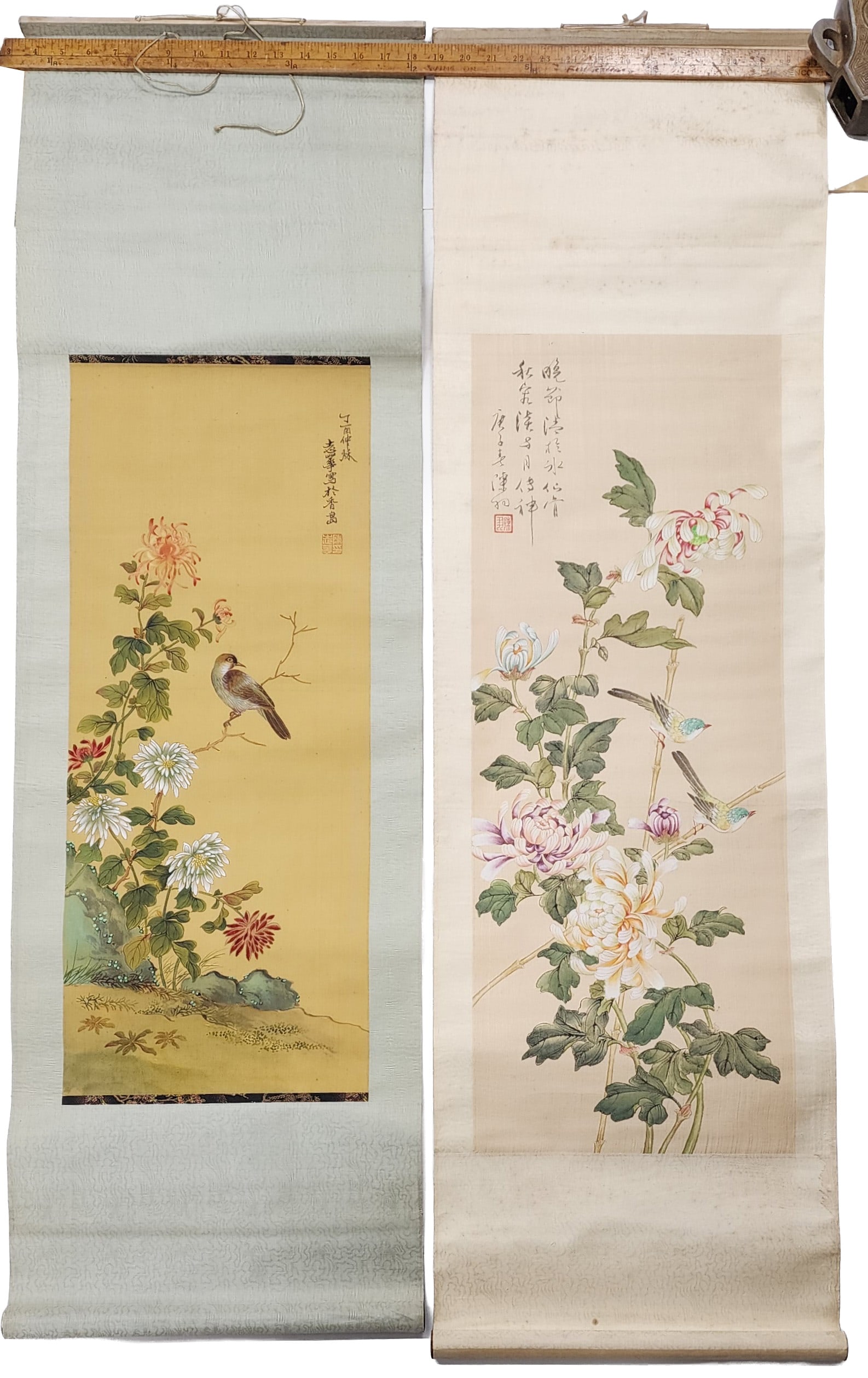 Lot lof 2 Chinese Scroll Painting with Birds & Flowers: Lot lof 2 Chinese Scroll Painting with Birds & Flowers, 49 x 15 inches (each), circa mid 20th century. Provenance: Estate of a New York collector/ dealer. The collection assembled between early 1950s 