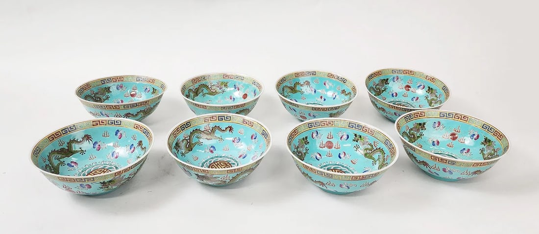 Set of 8 Chinese Export Jingdezhen Turquoise Ground Dragon Bowls: Set of 8 Chinese Export Jingdezhen Turquoise Ground Dragon Bowls, d. 5.25 inches, h. 2.5 in., ca. 1950s-60s. Provenance: Estate of a New York collector/ dealer. The collection assembled between early 