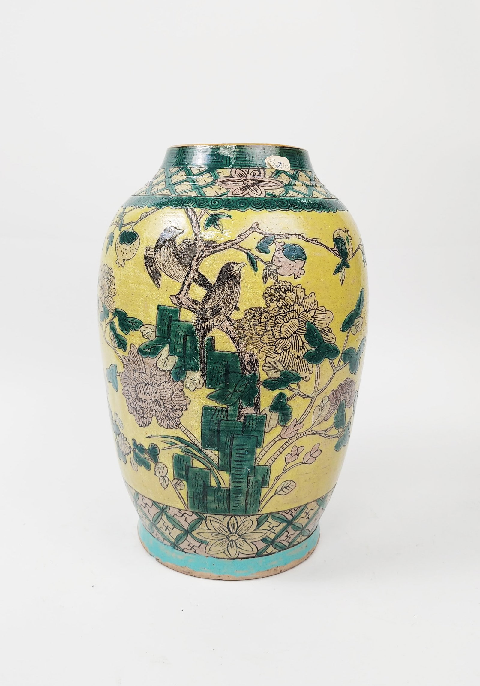 Antique Chinese Yellow Ground Famille Verte Pottery Vase: Antique Chinese Yellow Ground Famille Verte Pottery Vase, h. 11.5 inches, ca. 19th century. Provenance: Estate of a New York collector/ dealer. The collection assembled between early 1950s to 1970s.