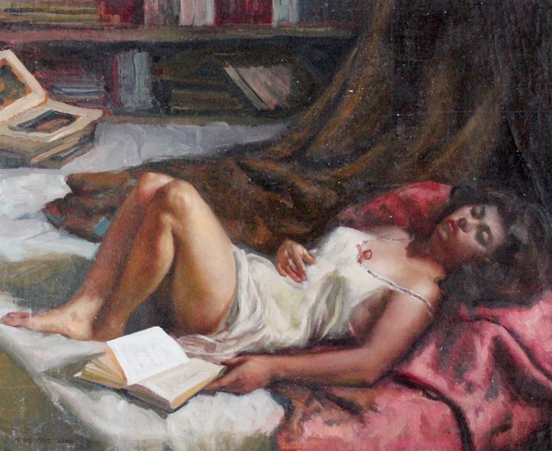 Amadeo Freixas Vivo (Spanish, born 1912) Oil Painting: Amadeo Freixas Vivo (Spanish, born 1912),'Sleeping Woman', Oil On Canvas Painting. Signed, 25"x31". Provenance : Arnot Gallery, New York