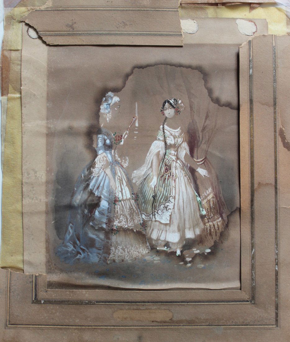 Eugene Charles Francois Guerard (French, 1821-1866): Eugene Charles Francois Guerard (French, 1821-1866) Original Fashion Illustration, 1862, Gouache on Paper. Signed and dated '(18)62', 7"x8.5". Artist known for his prints, original drawings are rare.