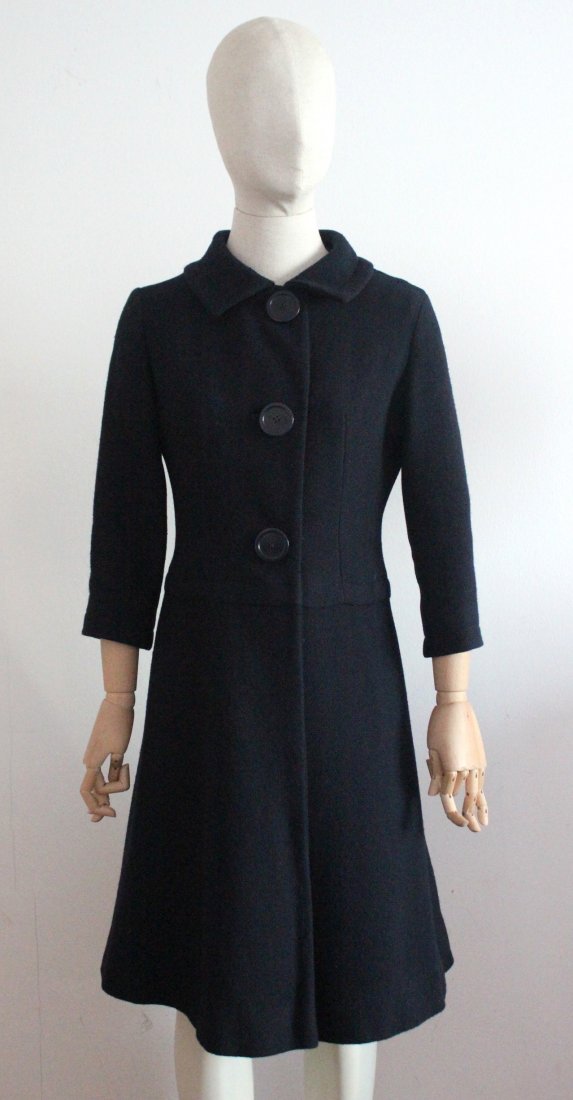 Jacques Heim Jeunes Filles Navy Blue Wool Coat, 1960's (1 of 3)