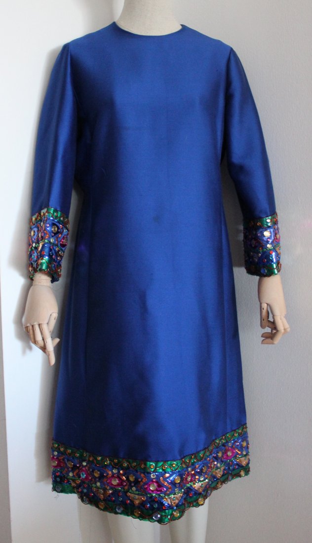 Malcolm Starr Blue Silk Beaded Cocktail Dress, 1960's (1 of 4)