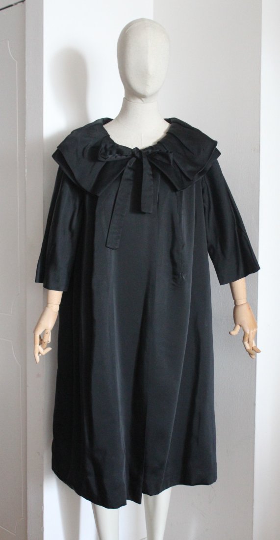 Rare Early Pierre Cardin Black Satin Evening Coat, 1960 (1 of 6)