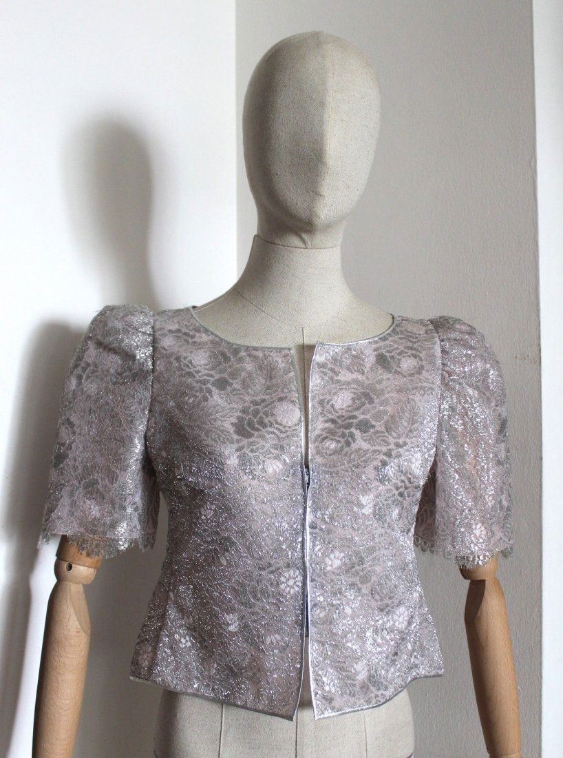 Mary McFadden Couture Silver Metallic Lace Evening (1 of 4)