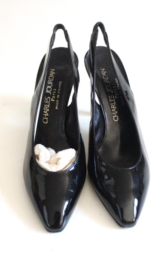 Vintage Charles Jourdan Black Patent Pumps, Sz.8: New Old Stock Vintage Charles Jourdan Black Patent Leather Sling Back Pumps, Sz.8. Made in France.