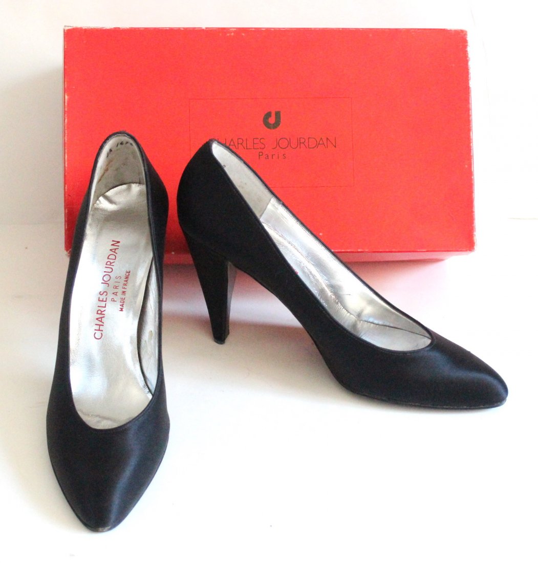 Vintage Charles Jourdan Black Satin Pumps, Sz.8: New Old Stock Vintage Charles Jourdan Black Satin Pumps with Silver Leather Lining, Sz.8. Made in France, in original box.