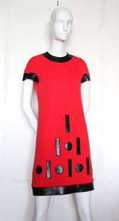 Iconic Pierre Cardin 'Cosmos' Wool & Vinyl Dress,c.1967: Pierre Cardin 'Cosmos' Red Wool Jersey & Black Vinyl Dress, c.1967. Labelled 'Pierre Cardin Paris New York'. Black version of same model was used in ad campaign.