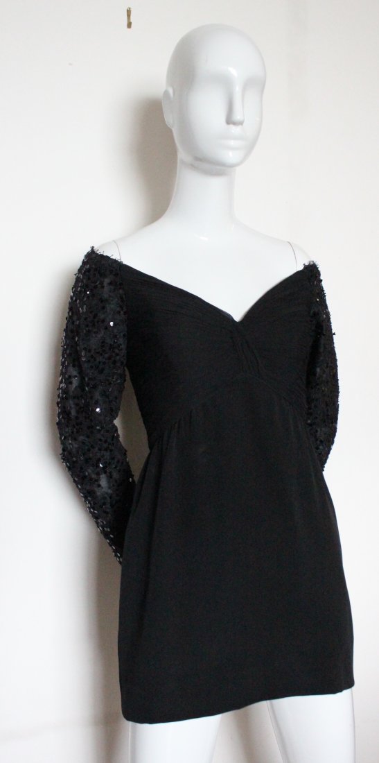 Michael Novarese Black Mini Evening Dress, 1990's: Michael Novarese Couture Black Mini Evening Dress with Embroidered Lace Sleeves, c.1990's.