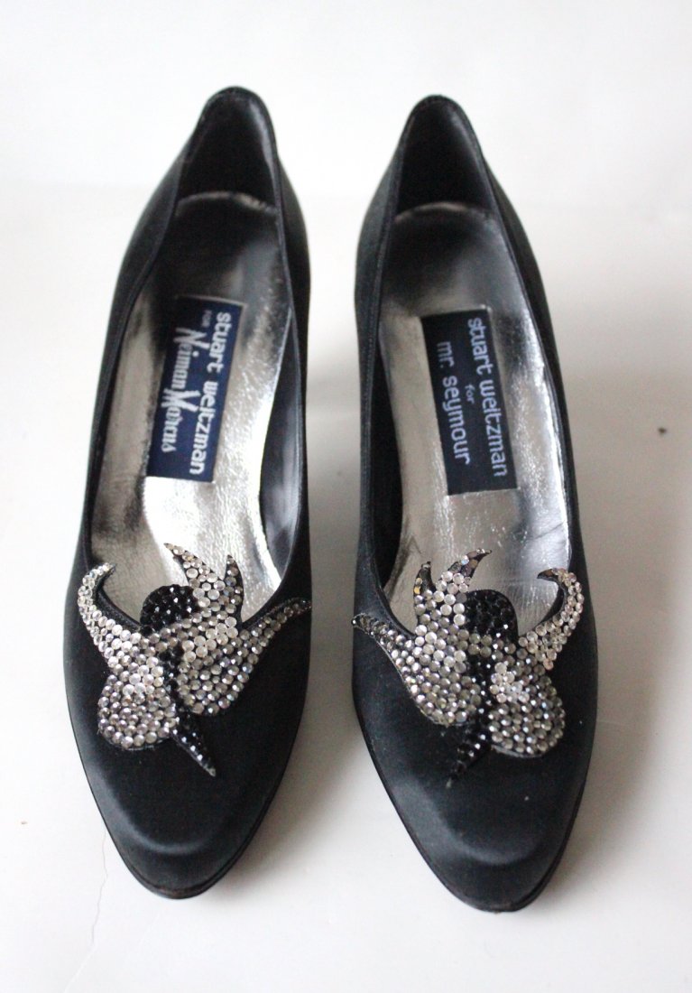 Stuart Weitzman Black Satin Pumps,Sz 6.5 AA: New Old Stock Stuart Weitzman for Mr. Seymour/ Neiman Marcus Black Satin Pumps with Swarovski Crystals ,Size 6.5 AA. Made in Spain