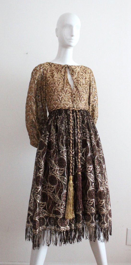 Bill Blass Gold Tone Metallic Lace Dress, c.1960's: Bill Blass Gold & Bronze Tone Metallic Lace Dress with Tassel Belt , c.1960's. Armpit to armpit 17.5" Waist 12.5"