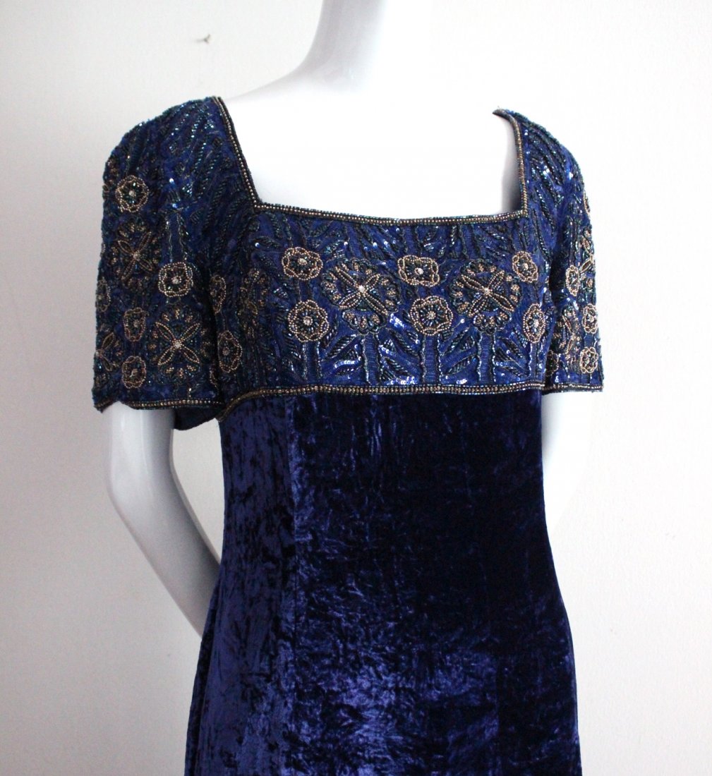 Escada Couture Embroidered Blue Evening Dress, c.1990's: Escada Couture Embroidered Blue Crushed Velvet Evening Dress, c.1990's. Made in Germany. Armpit to armpit 19".