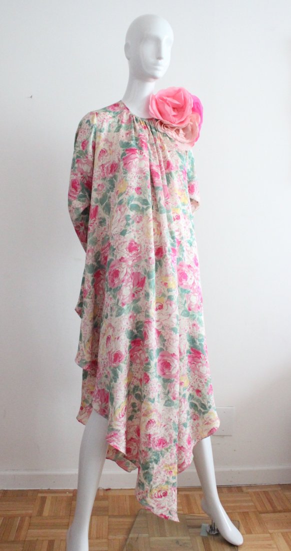 Designer Floral Print Silk Couture Dress , c.1980's (1 of 4)