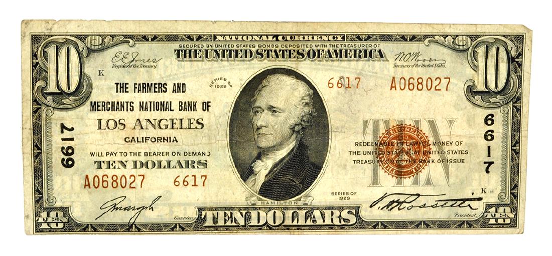 $10 The Farmers And Merchants National Bank Of Los: Gov. File: C-52589 $10 The Farmers And Merchants National Bank Of Los Angeles National Currency Asset Type: Coin Shipping: $9.95