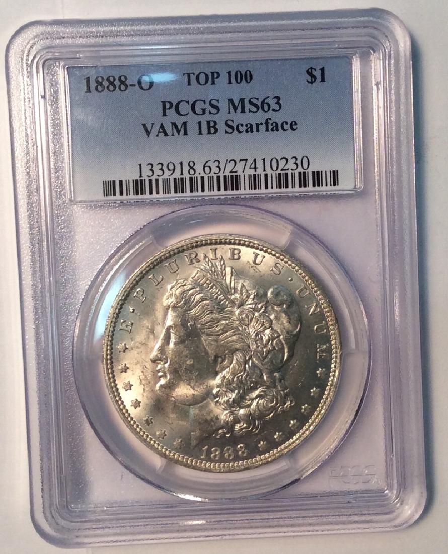 *1888-O $1 PCGS MS63 VAM 18 Scarface Rare In Hhigh: Gov. File: C-51083 *1888-O $1 PCGS MS63 VAM 18 Scarface Rare In Hhigh Grade Extremely Rare Coin (JG) Asset Type: Coin Shipping: $9.95