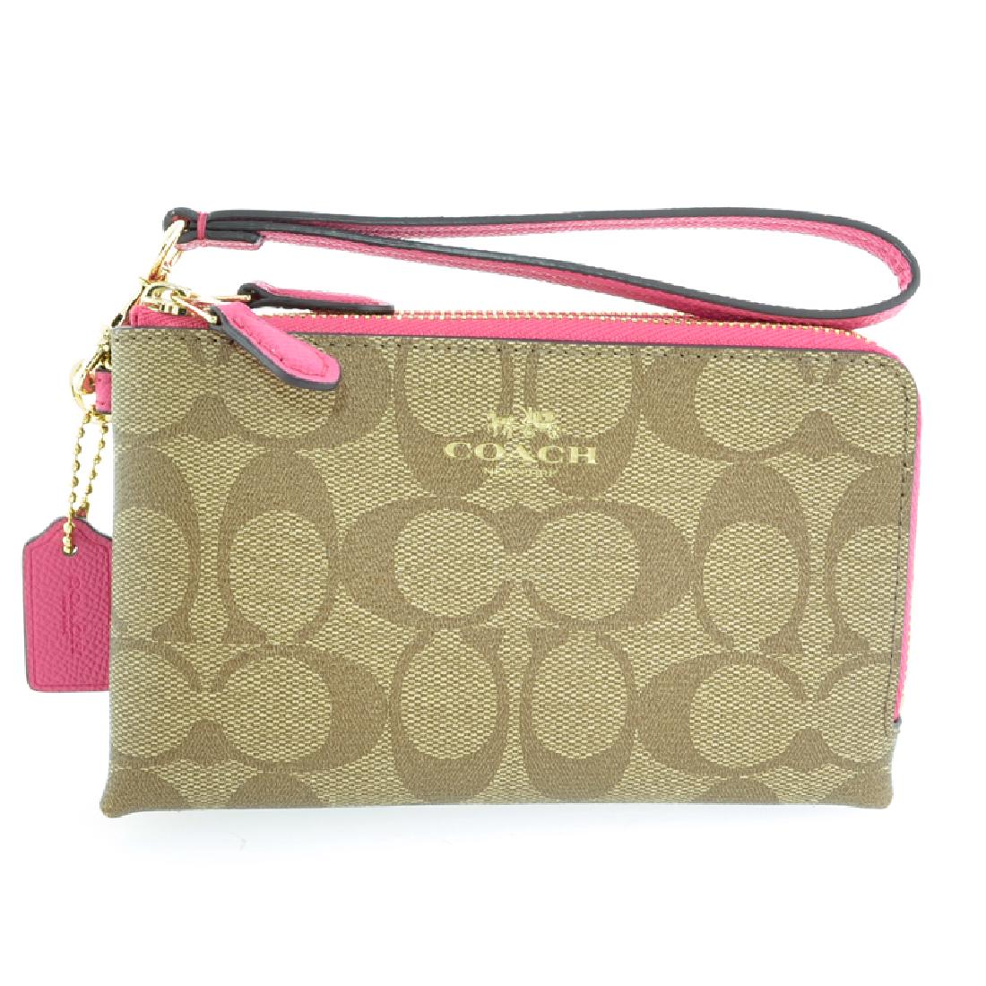 Brand New Authentic Coach Khaki/Dahlia Signature Double: Gov. File: T-14560 Brand New Authentic Coach Khaki/Dahlia Signature Double Corner Zip Wristlet Asset Type: Wristlet Shipping: $29.95