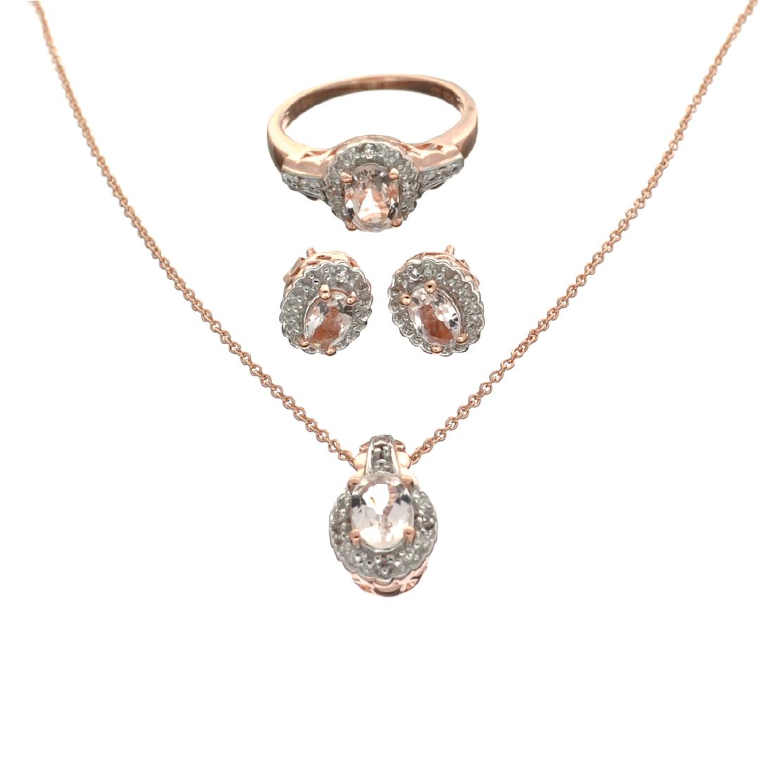 APP: 1.4k Fine Jewelry 2.23CT Morganite And White: Gov. File: H-39781 Fine Jewelry 2.23CT Morganite And White Topaz Rose Gold Plated Ring, Earrings & Pendant With Chain Set Retail Replacement Value: $1.4K Asset Type: Set Shipping: $19.95