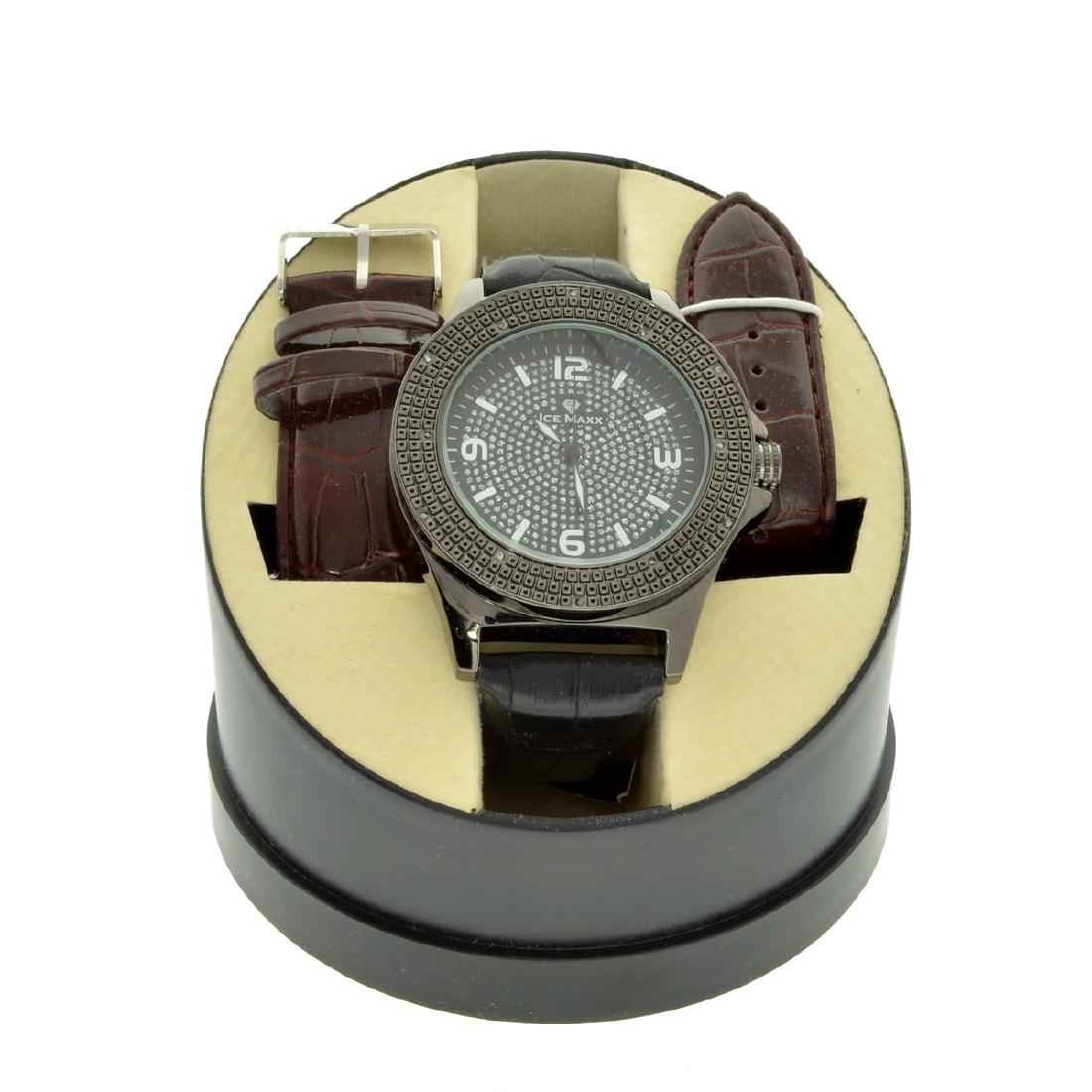 Men's Ice Maxx Designer Round Watch On Case and: Gov. File: 68927 Men's Ice Maxx Designer Round Watch On Case and Interchangeable Black & Brown Band Asset Type: Bracelet Shipping: $19.95
