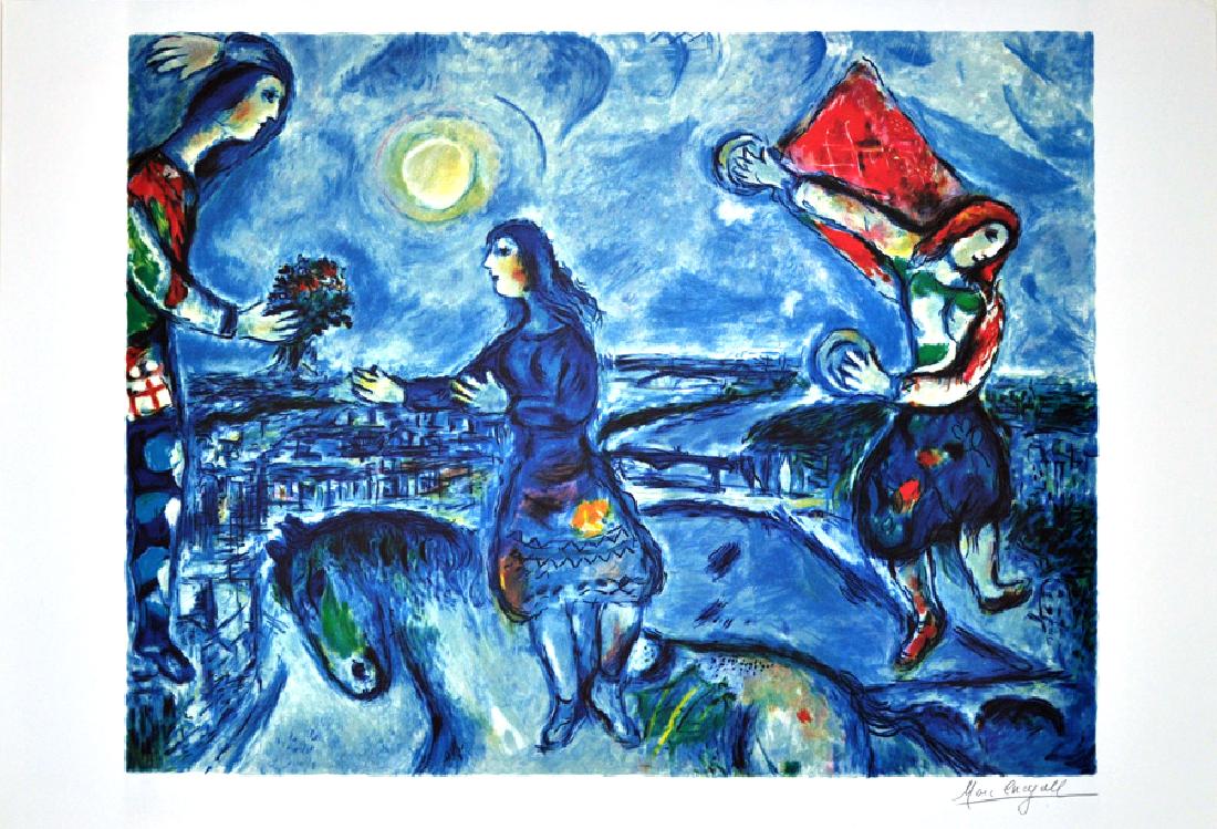 MARC CHAGALL (After) Lovers Over Paris Print, 216 of: Gov. File: P-07233 Marc Chagall MARC CHAGALL: (After) Lovers Over Paris Print 25 inches x 36 inches (Unframed) Shipping: $24.95