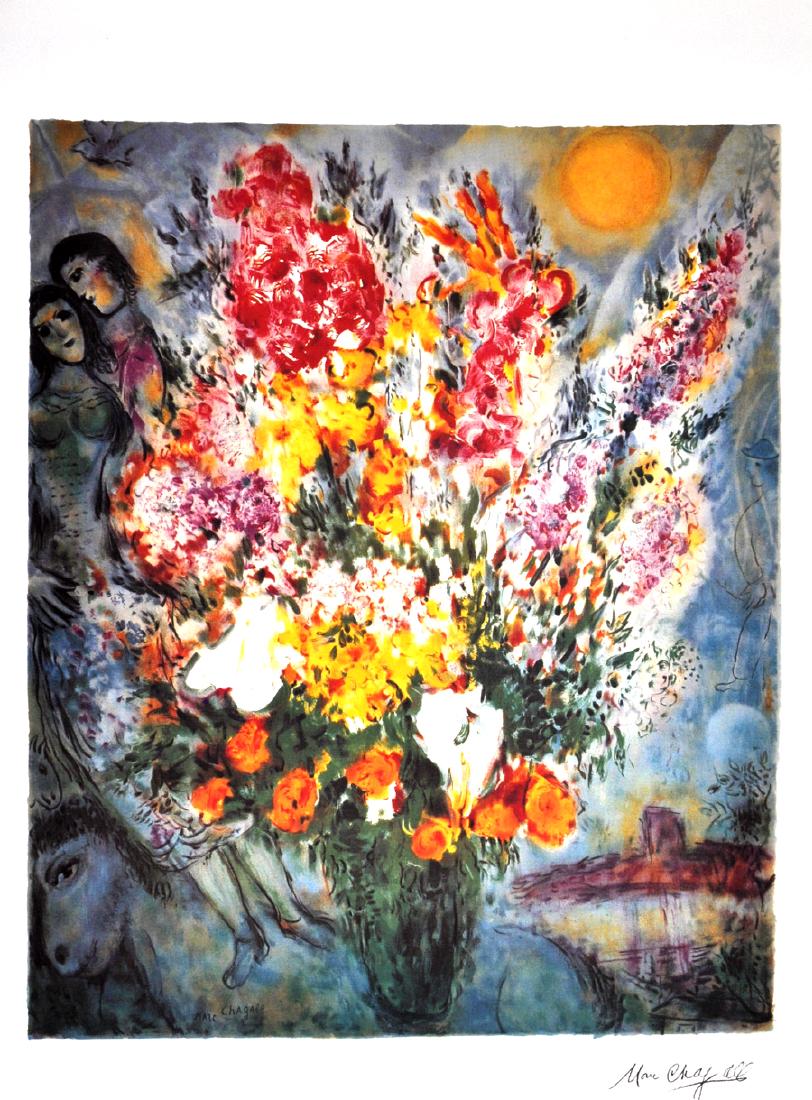 MARC CHAGALL (After) Floral Bouquet Print, I458 of 500: Gov. File: P-06872 Marc Chagall MARC CHAGALL: (After) Floral Bouquet Print 25 inches x 33.5 inches (Unframed) Shipping: $24.95