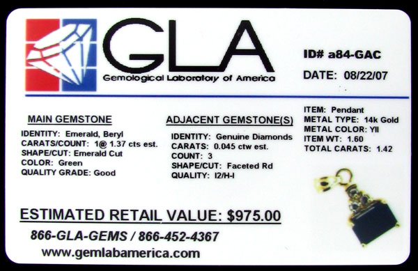 APP: $1k 14 kt. Gold, 1.37CT Emerald and 0.045CT - 2