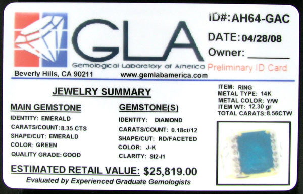 APP: $ 25.8k 14 kt. Y/W Gold, 8.35CT Emerald and D - 2