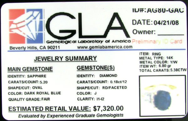 APP: 7.3k 14 kt. Gold, 5.20CT Sapphire and Diamond - 2