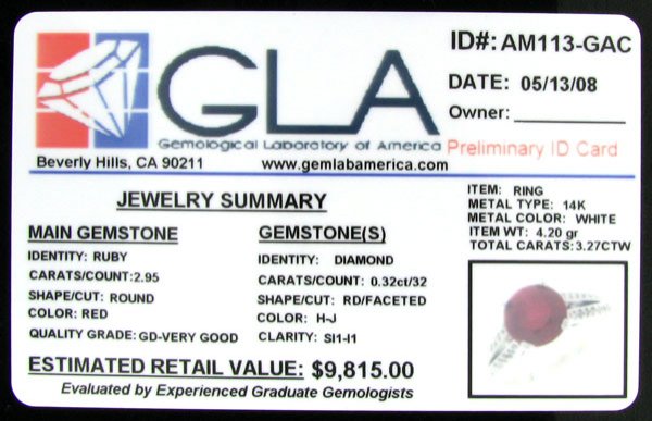 APP: $ 9.8k 14 kt. Whtie Gold, 2.95CT Ruby and Di - 2