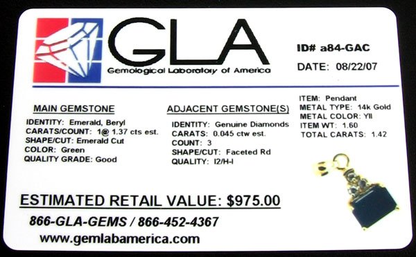 APP: $1k 14 kt. Gold, 1.37CT Emerald and 0.045CT Di - 2