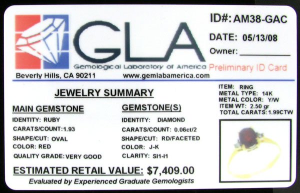 APP: $7.4k 14 kt. Gold, 1.93CT Ruby and 0.06CT Dia - 2