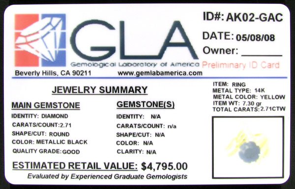APP: $4.8k 14 kt.Yellow Gold, 2.71CT Rare Black D - 2