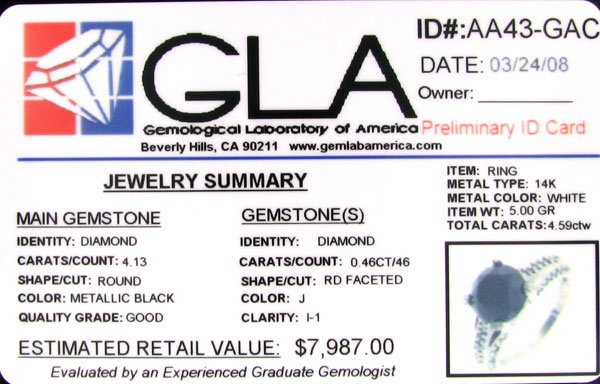 APP: $8k 14 kt. White Gold, 4.13CT Rare Black Dia - 2