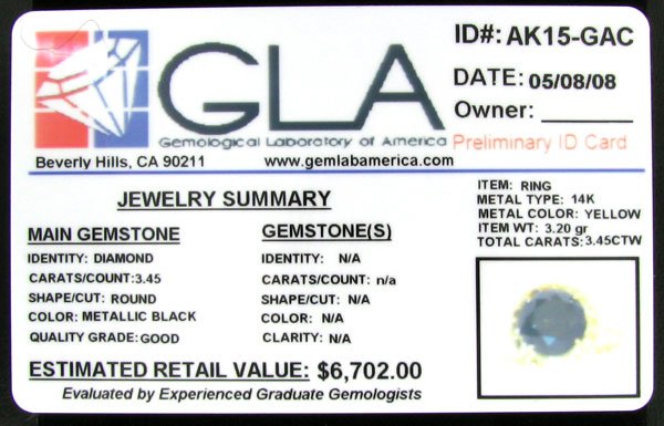APP: $6.7k 14 kt. Gold, 3.45CT Rare Black Diamond - 2