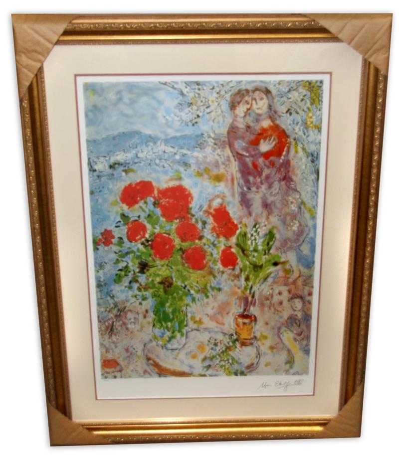 Marc Chagall (After) 'Red Bouquet with Lovers' Framed: Gov. File: M-06368 Marc Chagall (After) 'Red Bouquet with Lovers' Framed & Matted Asset Type: Print Shipping: $29.95. Item may be pick up only, or require additional shipping charges due to weight or 