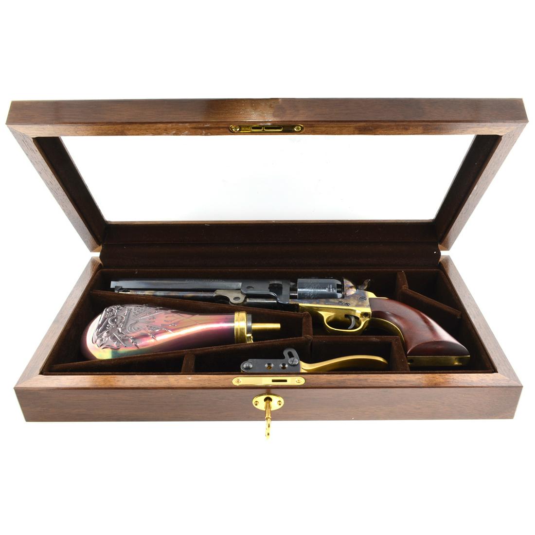 Gun Exquisite New, Original Box, Papers, Taylor's & Co.: Gov. File: T-16137 Gun Exquisite New, Original Box, Papers, Taylor's & Co. Inc. 1851 Navy Revolver .36 Cal 7 1/2''Octagonal Barrel with Powder Flask, Bullet Mold Walnut Case (No Gun Sales To: NY, HI,