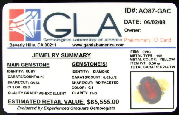RRV, APP: $85.6k 14 kt. Gold, 8.22CT Ruby and Dia - 2