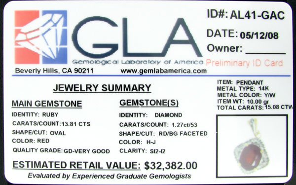 RRV APP:$ 32.4k 14 kt. Gold, 13.81CT Ruby & Diamond - 2