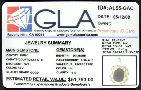 RRV APP: 51.8k 14 kt. Gold, 21.65CT Ruby Pendant - 2
