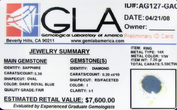 RRV APP: 7.6k 14 kt. Gold, 5.39CT Sapphire & Diam - 2
