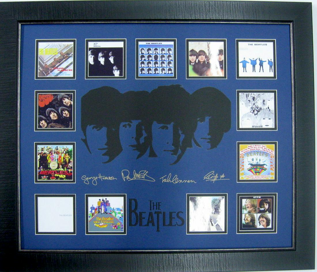 *The Beatles Album Covers Collage - Engraved Signatures: Gov. File: M-11494 Beatles Engraved Signatures and Album Covers Asset Type: Music Shipping: $29.95. Item may be pick up only, or require additional shipping charges due to weight or size.