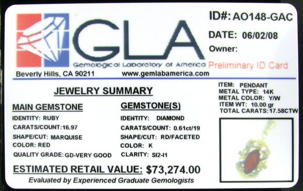 RRV APP:$73.3k 14 kt. Gold, 16.97CT Ruby Pendant - 2