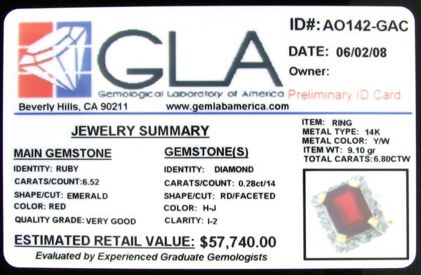 RRV APP:$57.7k 14 kt. Gold, 6.52CT Ruby & Diamond - 2