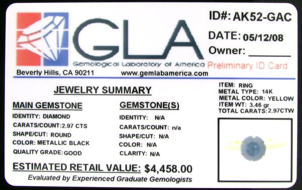 RRV APP: 4.5k 14 kt. Gold, 2.97CT Rare Black Diam - 2