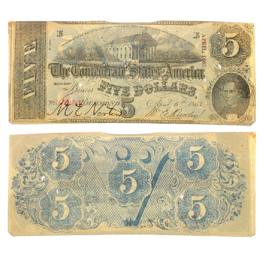 Rare 1863 US Confederate $5 Note Great Investment: Gov. File: C-79418 Rare 1863 US Confederate $5 Note Great Investment Asset Type: Coin Shipping: $9.95