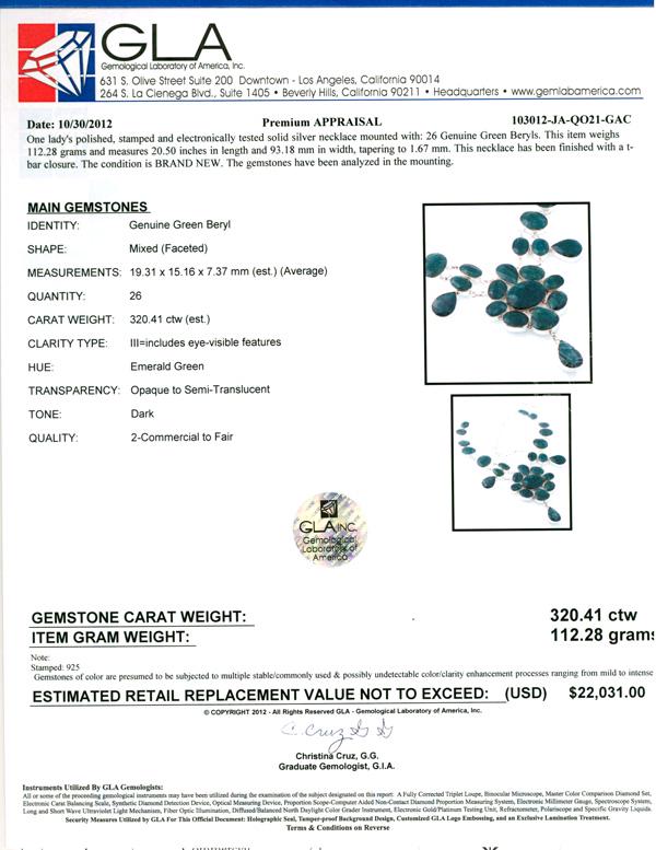APP: 22k 320.41CT Mixed Cut Green Beryl and Sterling: Gov. File: 65162 320.41CT Mixed Cut Green Beryl and Sterling Silver Necklace Retail Replacement Value: $22.0K Asset Type: Sterling Silver Necklace Shipping: $19.95