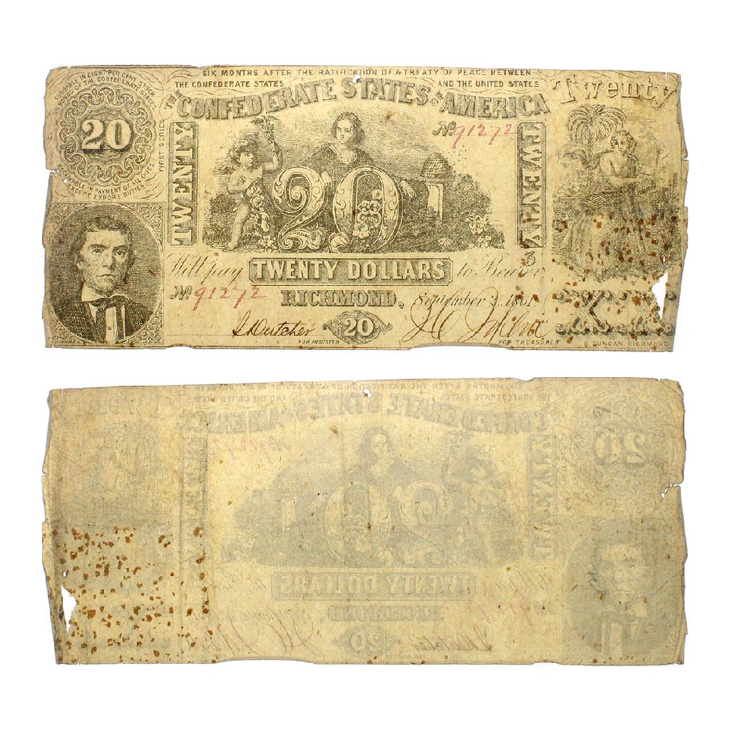 Rare 1861 US Confederate $20 Note Great Investment: Gov. File: C-79428 Rare 1861 US Confederate $20 Note Great Investment Asset Type: Coin Shipping: $9.95